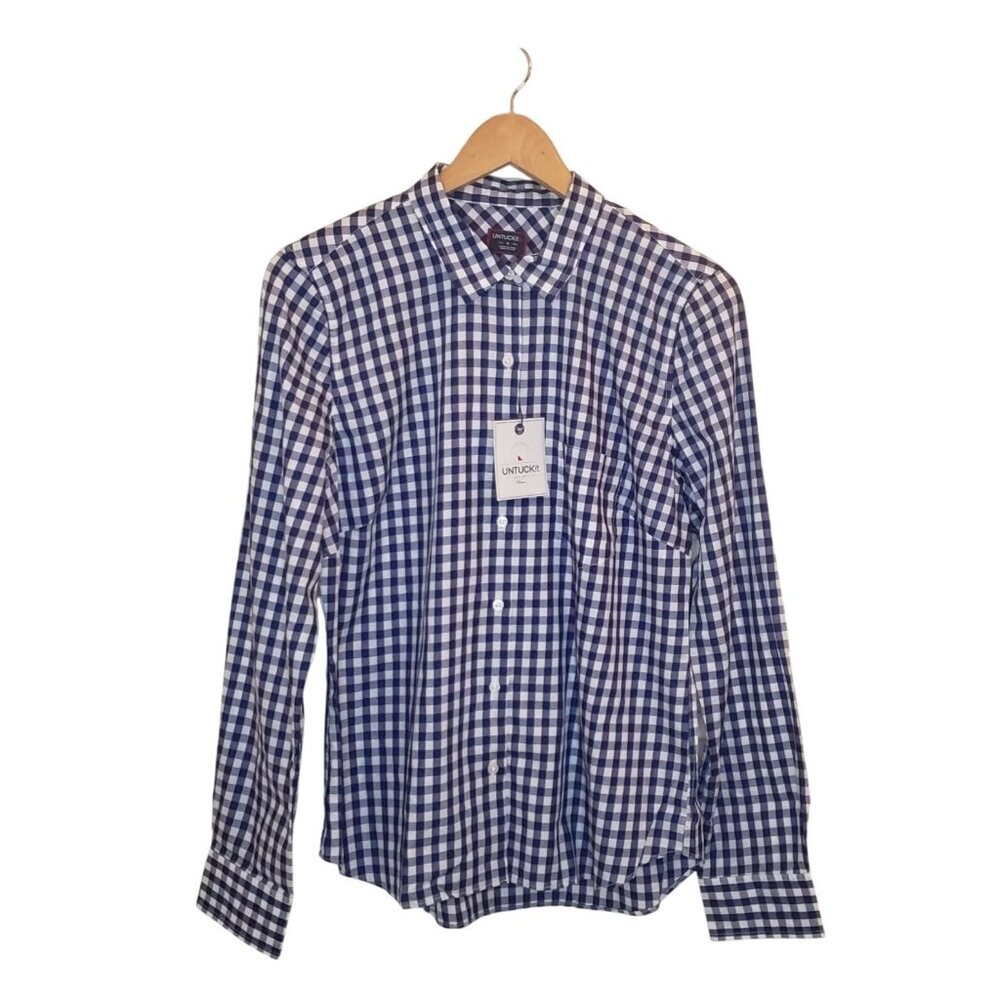 Untuckit Women's Belleza Checkered Shirt Cotton Blue & White Gingham — Pick Size